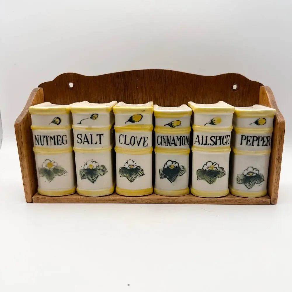 Vintage Nasco Handpainted Spice Rack Library Yellow Cream Ceramic Books 1950s
